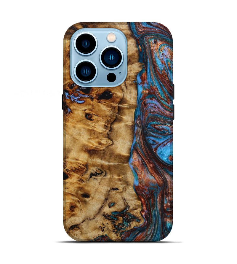 iPhone 14 Pro Wood+Resin Live Edge Phone Case - Julianna (Teal & Gold, 647626)