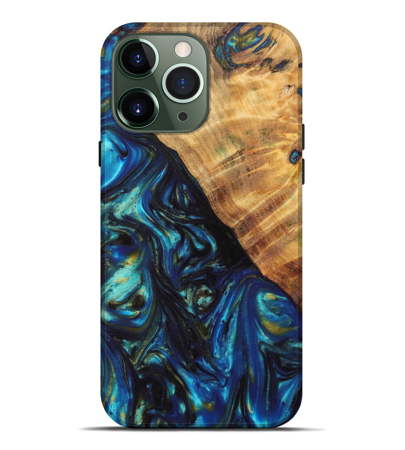 iPhone 13 Pro Max Wood+Resin Live Edge Phone Case - Elton (Teal & Gold, 630453)