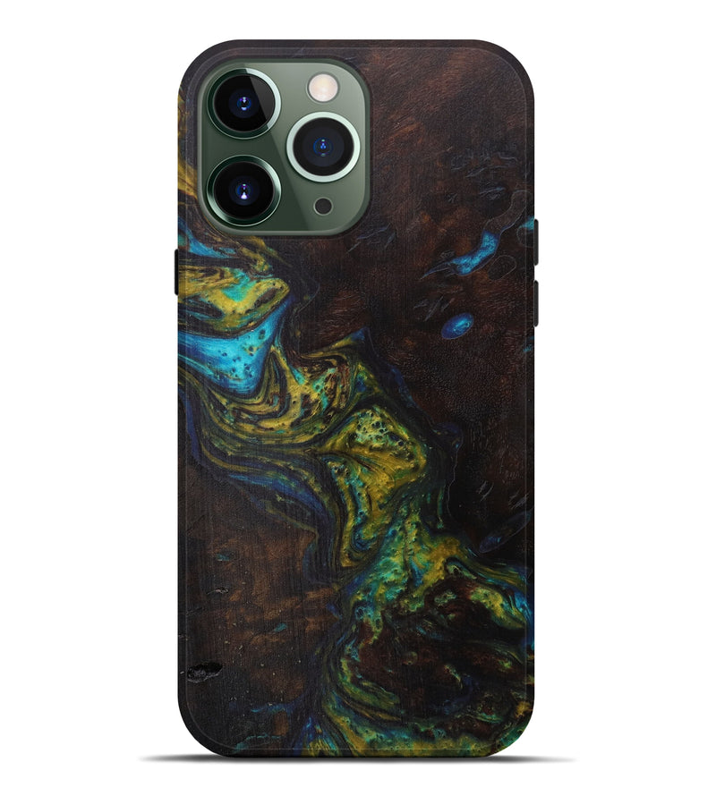 iPhone 13 Pro Max Wood+Resin Live Edge Phone Case - Carolle (Teal & Gold, 594791)