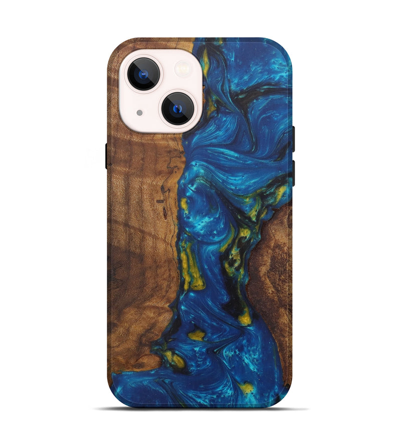 iPhone 14 Wood+Resin Live Edge Phone Case - Jud (Teal & Gold, 592325)
