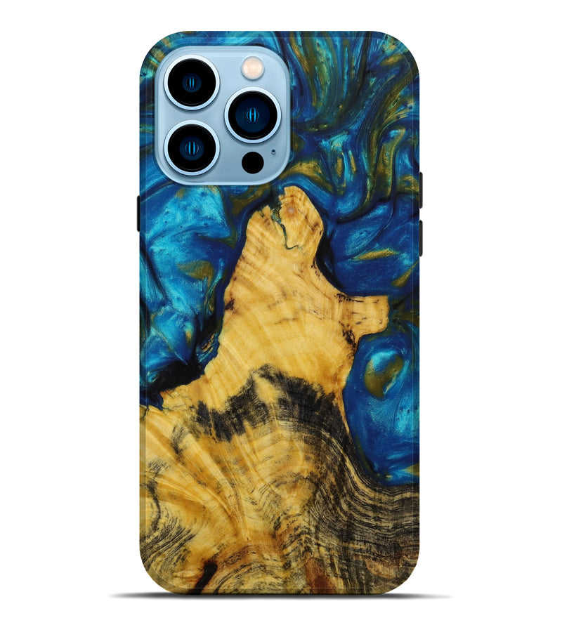 iPhone 14 Pro Max Wood+Resin Live Edge Phone Case - Lukas (Teal & Gold, 641952)