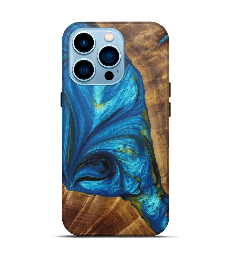iPhone 14 Pro Wood+Resin Live Edge Phone Case - Charlotte (Teal & Gold, 599135)
