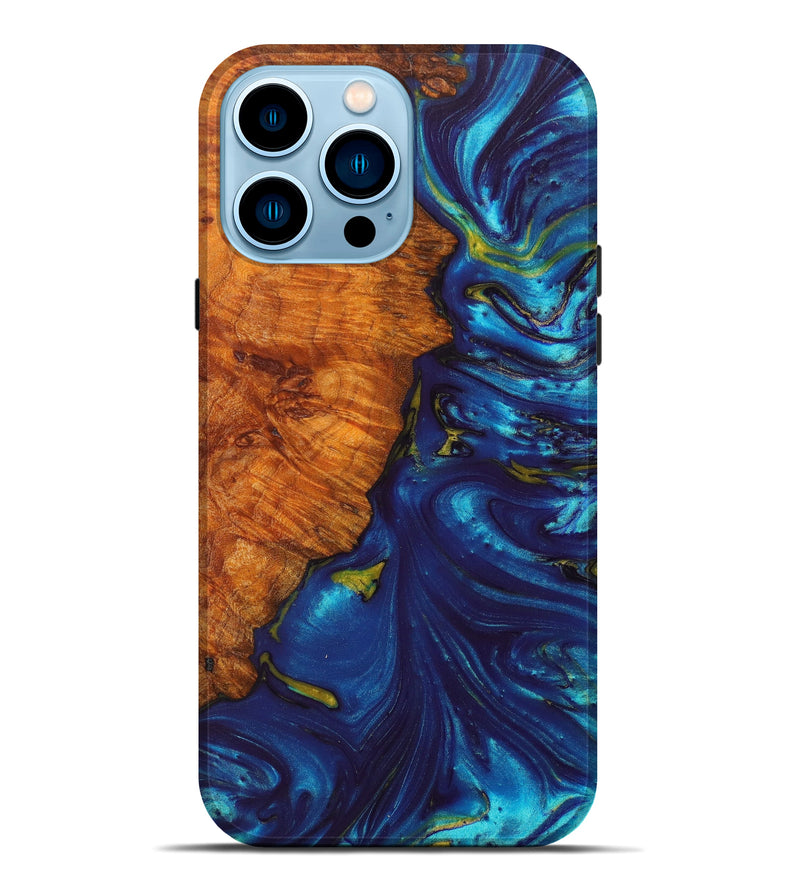 iPhone 14 Pro Max Wood+Resin Live Edge Phone Case - Betsy (Teal & Gold, 628539)