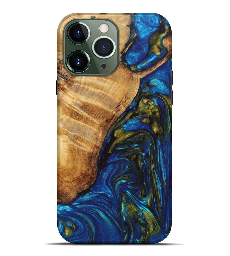 iPhone 13 Pro Max Wood+Resin Live Edge Phone Case - Robin (Teal & Gold, 630455)
