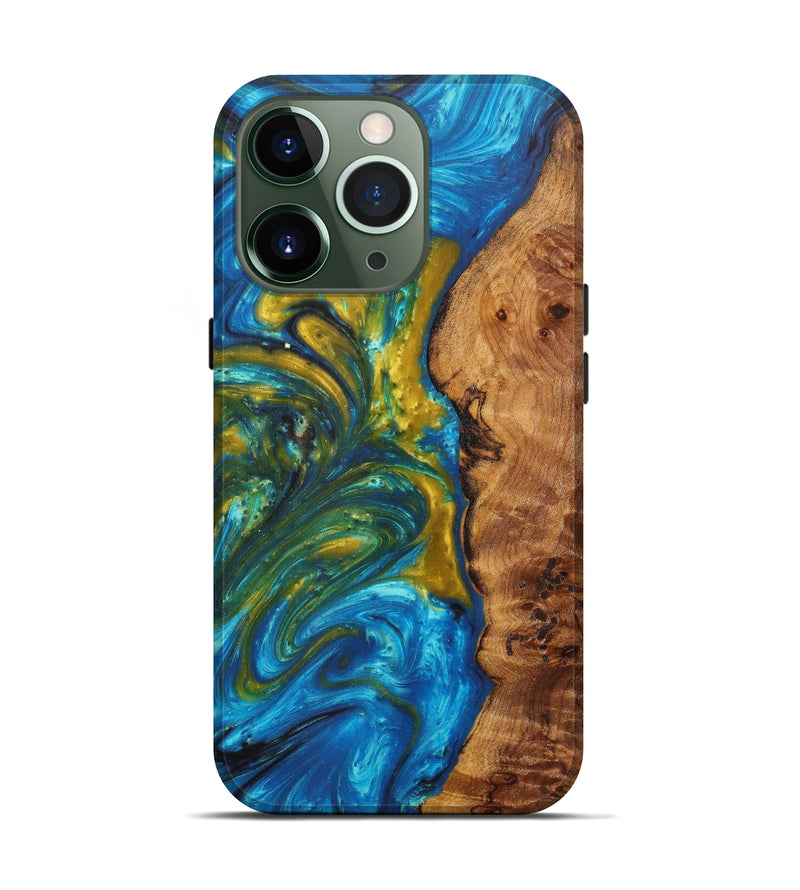 iPhone 13 Pro Wood+Resin Live Edge Phone Case - Letitia (Teal & Gold, 604237)