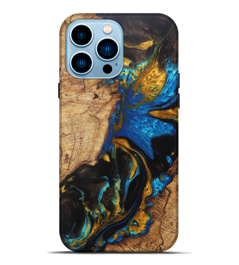 iPhone 14 Pro Max Wood+Resin Live Edge Phone Case - Willie (Teal & Gold, 601218)