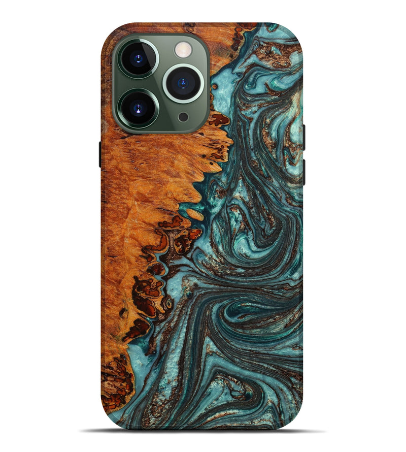 iPhone 13 Pro Max Wood+Resin Live Edge Phone Case - Josephine (Teal & Gold, 645981)
