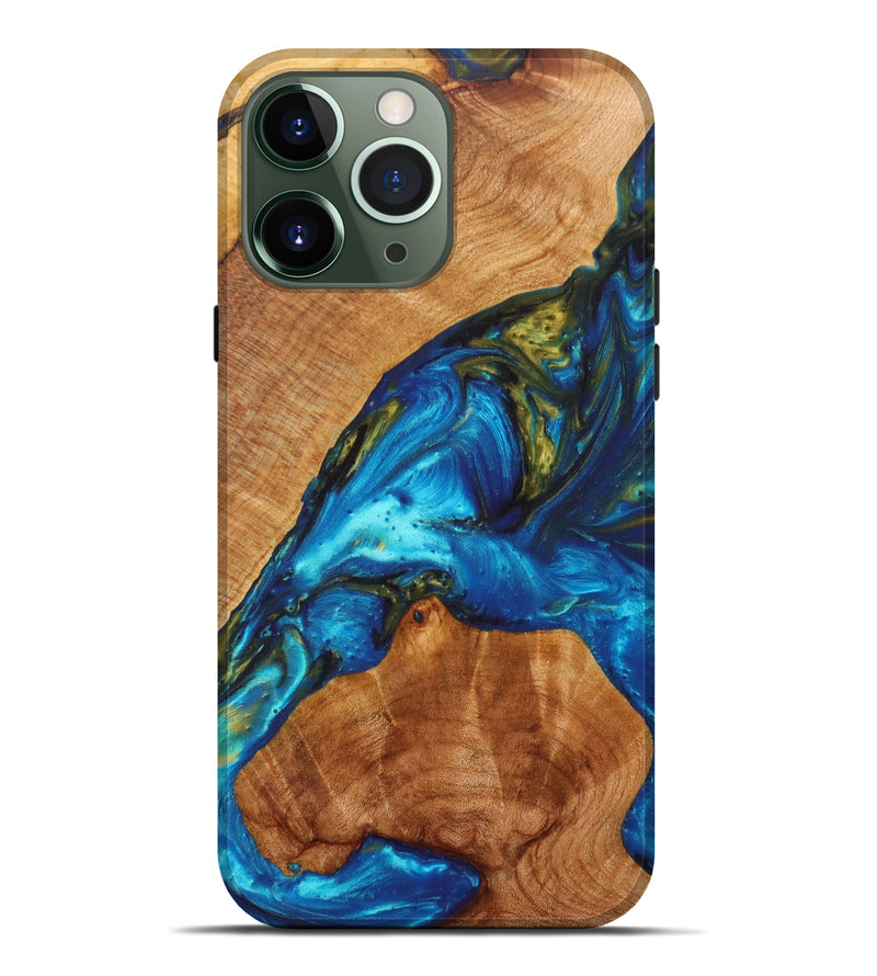 iPhone 13 Pro Max Wood+Resin Live Edge Phone Case - Myron (Teal & Gold, 628372)