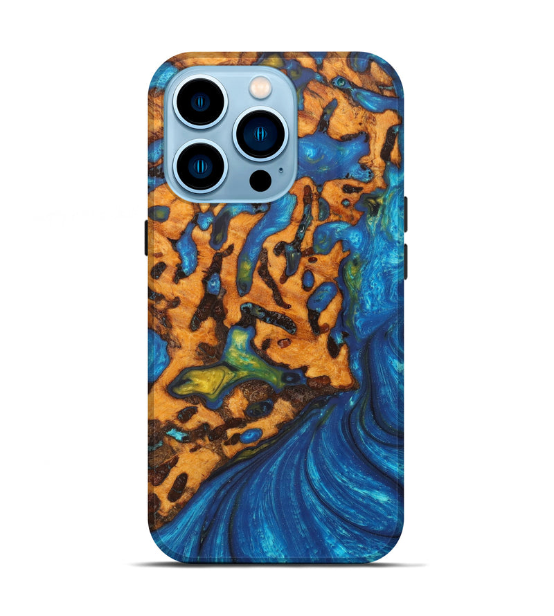 iPhone 14 Pro Wood+Resin Live Edge Phone Case - Franciska (Teal & Gold, 605207)