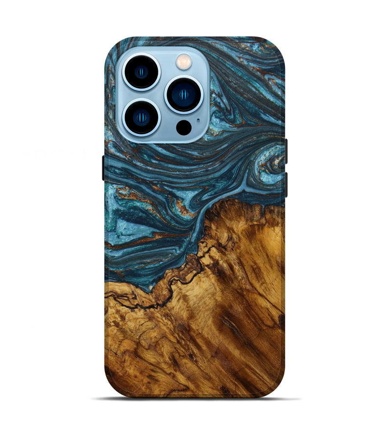 iPhone 14 Pro Wood+Resin Live Edge Phone Case - Naomi (Teal & Gold, 646079)
