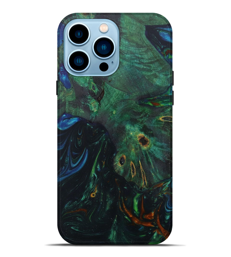iPhone 14 Pro Max Wood+Resin Live Edge Phone Case - Kassidy (Teal & Gold, 641703)