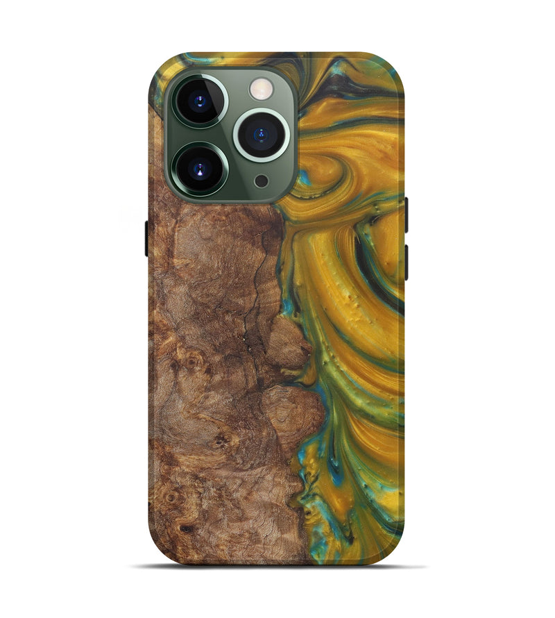 iPhone 13 Pro Wood+Resin Live Edge Phone Case - Indiana (Teal & Gold, 577473)