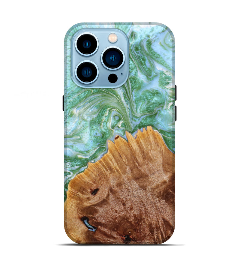 iPhone 14 Pro Wood+Resin Live Edge Phone Case - Evie (Green, 638980)