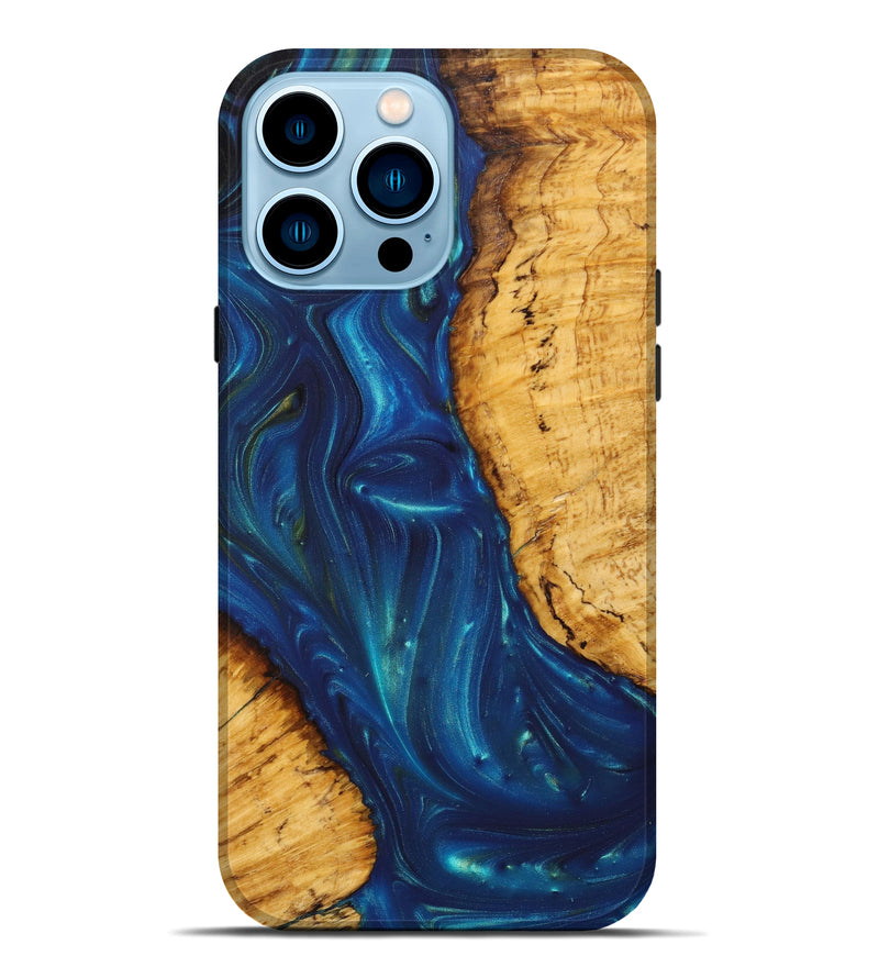 iPhone 14 Pro Max Wood+Resin Live Edge Phone Case - Lakisha (Teal & Gold, 638279)