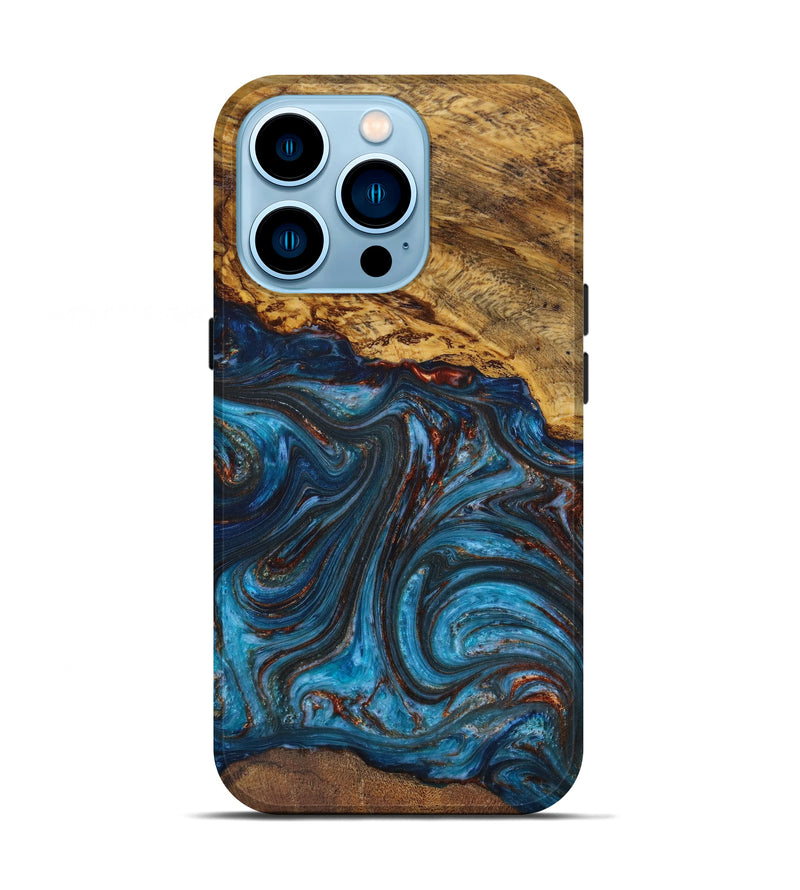 iPhone 14 Pro Wood+Resin Live Edge Phone Case - Mekhi (Teal & Gold, 647807)