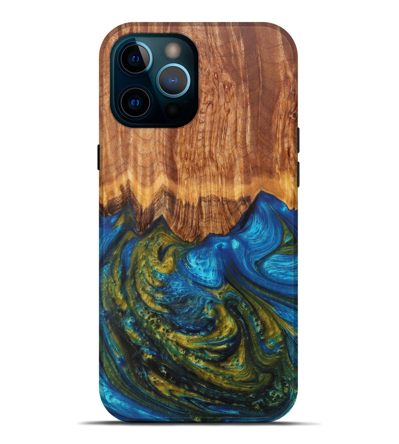 iPhone 12 Pro Max Wood+Resin Live Edge Phone Case - Nautica (Teal & Gold, 610366)