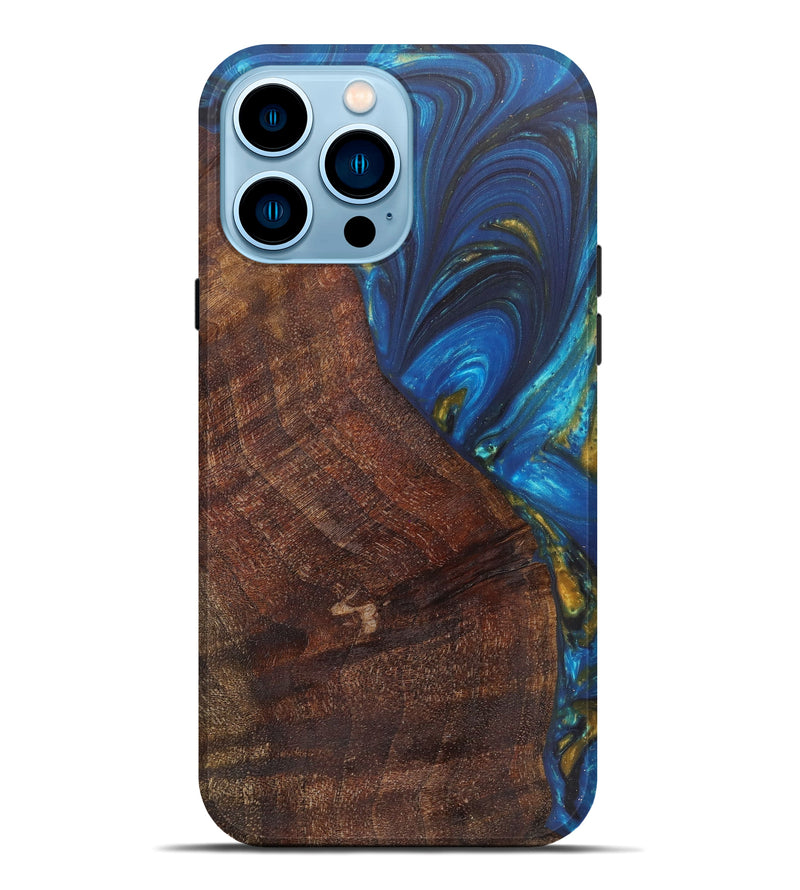iPhone 14 Pro Max Wood+Resin Live Edge Phone Case - Pic (Teal & Gold, 604244)