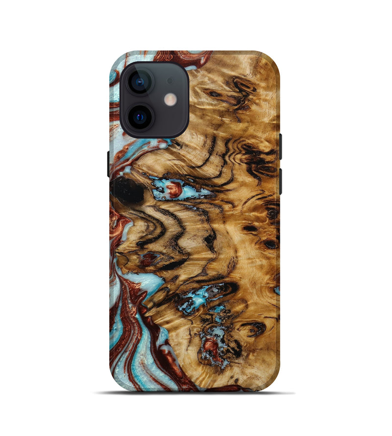 iPhone 12 mini Wood+Resin Live Edge Phone Case - Raven (Teal & Gold, 648565)
