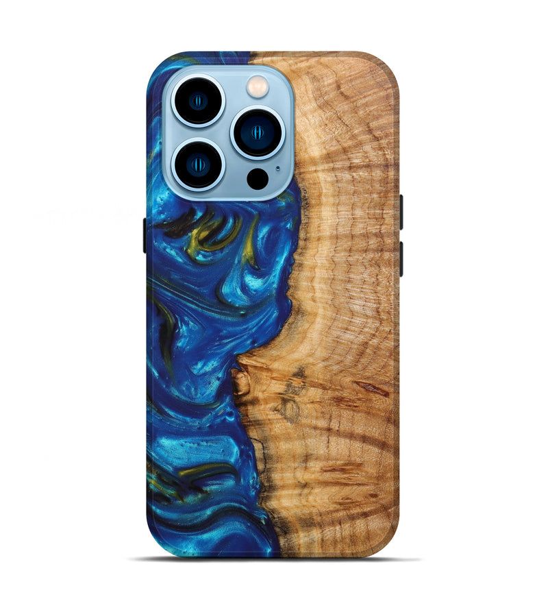 iPhone 14 Pro Wood+Resin Live Edge Phone Case - Tehchi (Teal & Gold, 633140)