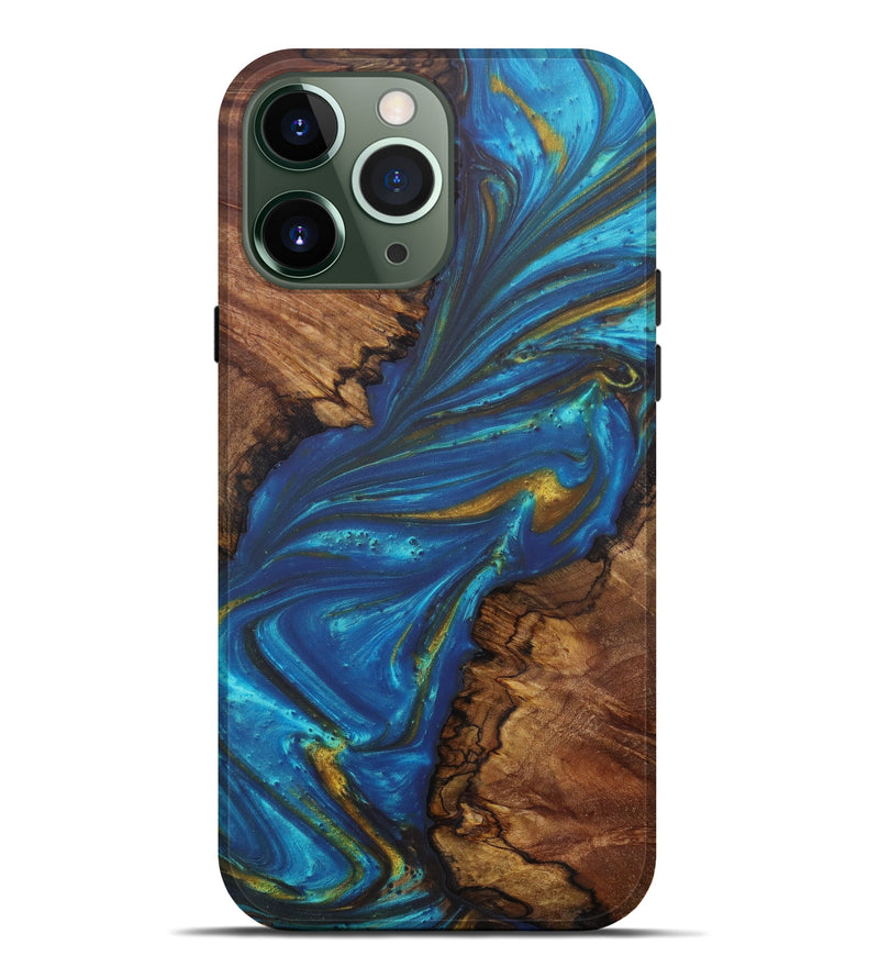 iPhone 13 Pro Max Wood+Resin Live Edge Phone Case - Nguyen (Teal & Gold, 602499)