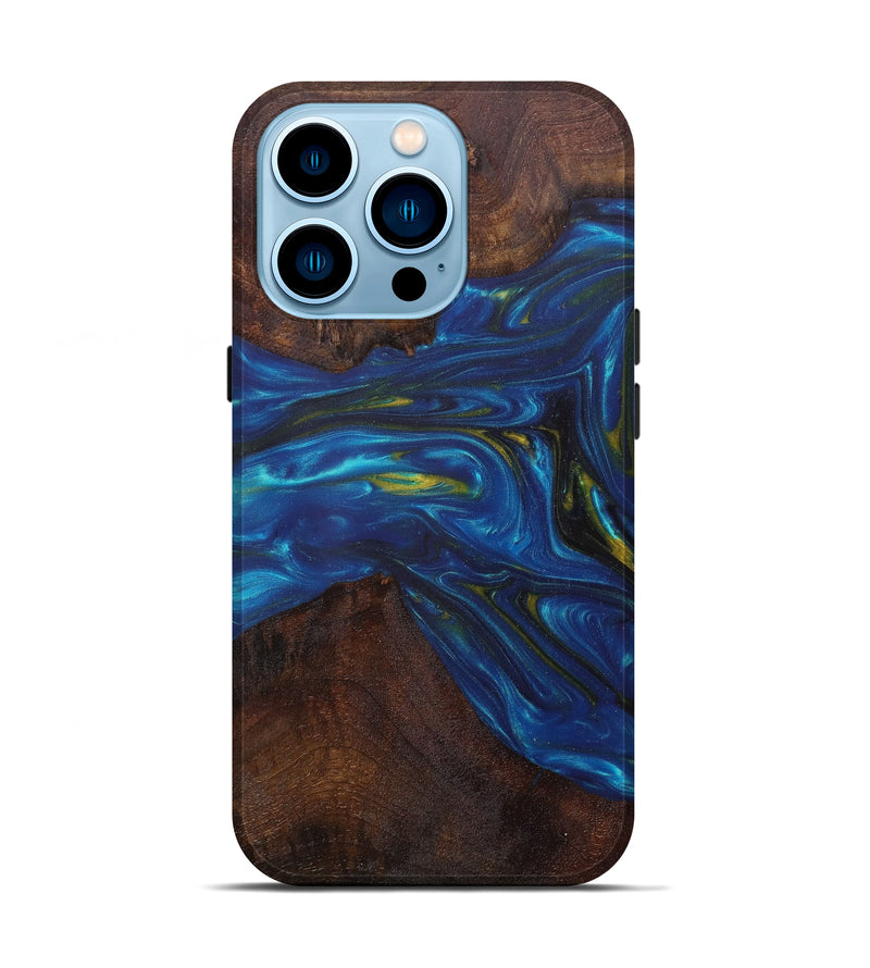 iPhone 14 Pro Wood+Resin Live Edge Phone Case - Jaycob (Teal & Gold, 610363)