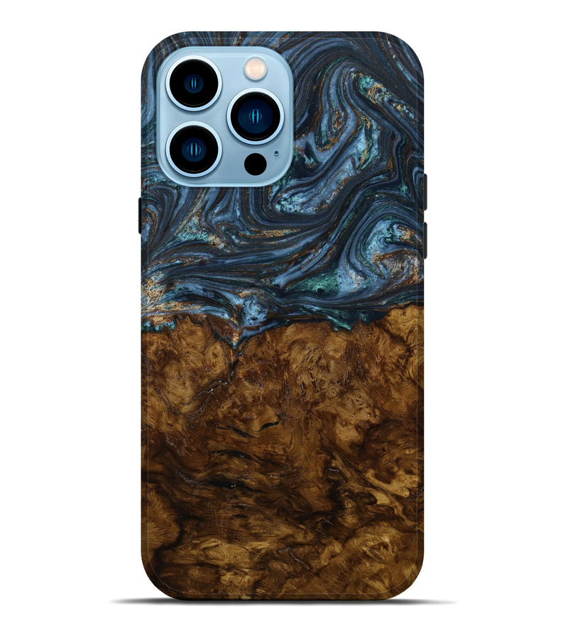 iPhone 14 Pro Max Wood+Resin Live Edge Phone Case - Nikki (Teal & Gold, 646726)