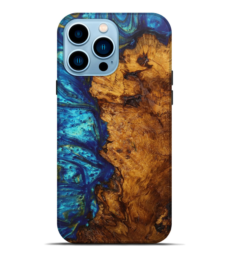 iPhone 14 Pro Max Wood+Resin Live Edge Phone Case - Margot (Teal & Gold, 641212)