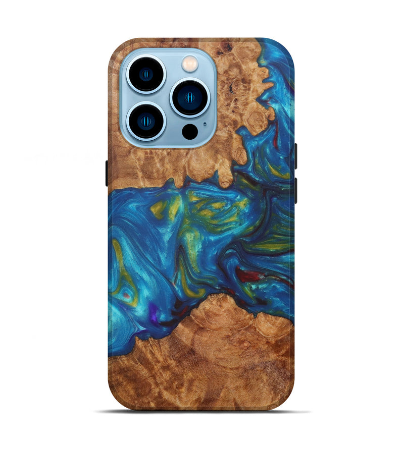 iPhone 14 Pro Wood+Resin Live Edge Phone Case - Kasandra (Teal & Gold, 610352)