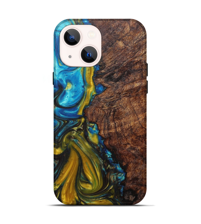 iPhone 13 Wood+Resin Live Edge Phone Case - Spiros (Teal & Gold, 597258)
