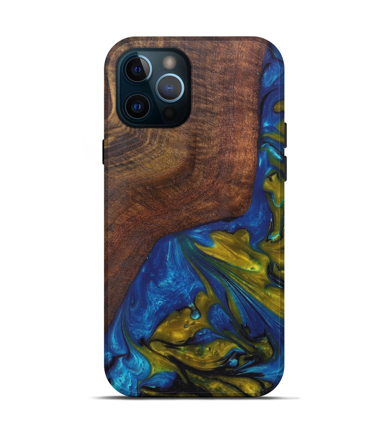 iPhone 12 Pro Wood+Resin Live Edge Phone Case - Sean (Teal & Gold, 605505)