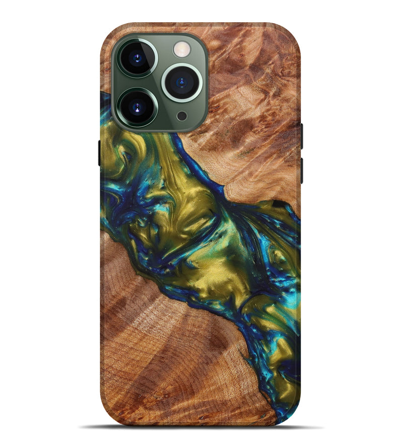 iPhone 13 Pro Max Wood+Resin Live Edge Phone Case - Marylyn (Teal & Gold, 627376)