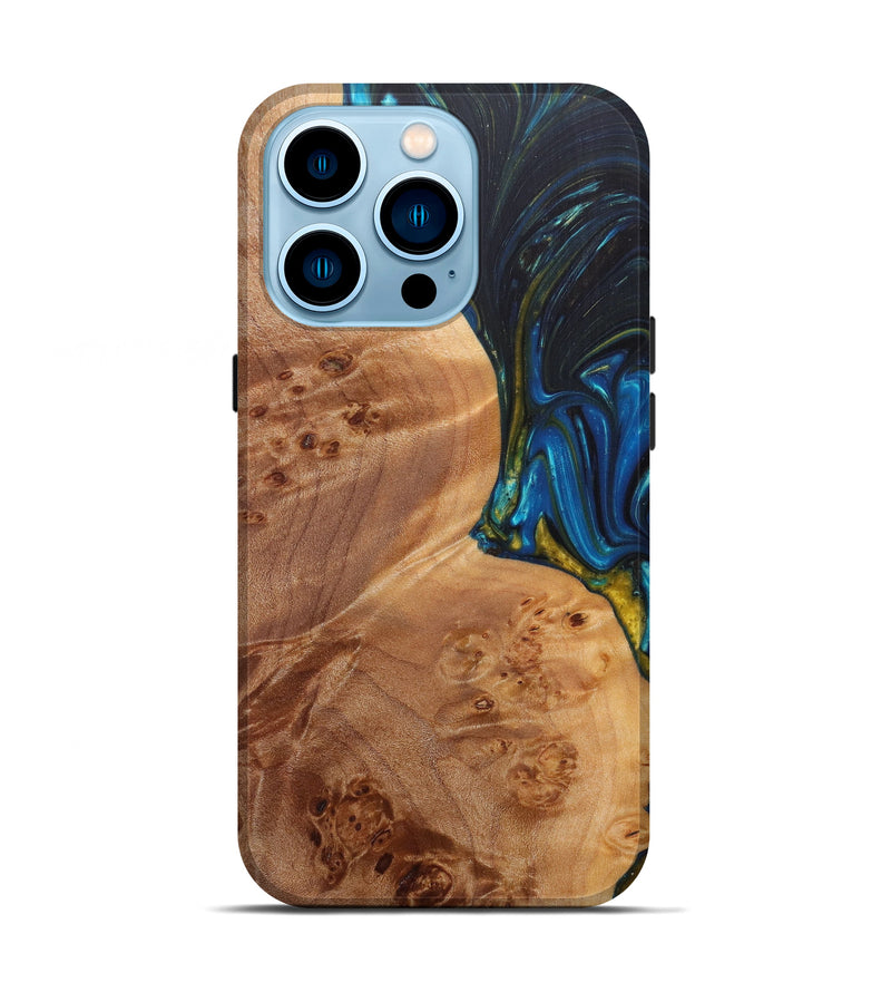 iPhone 14 Pro Wood+Resin Live Edge Phone Case - Charlena (Teal & Gold, 601255)