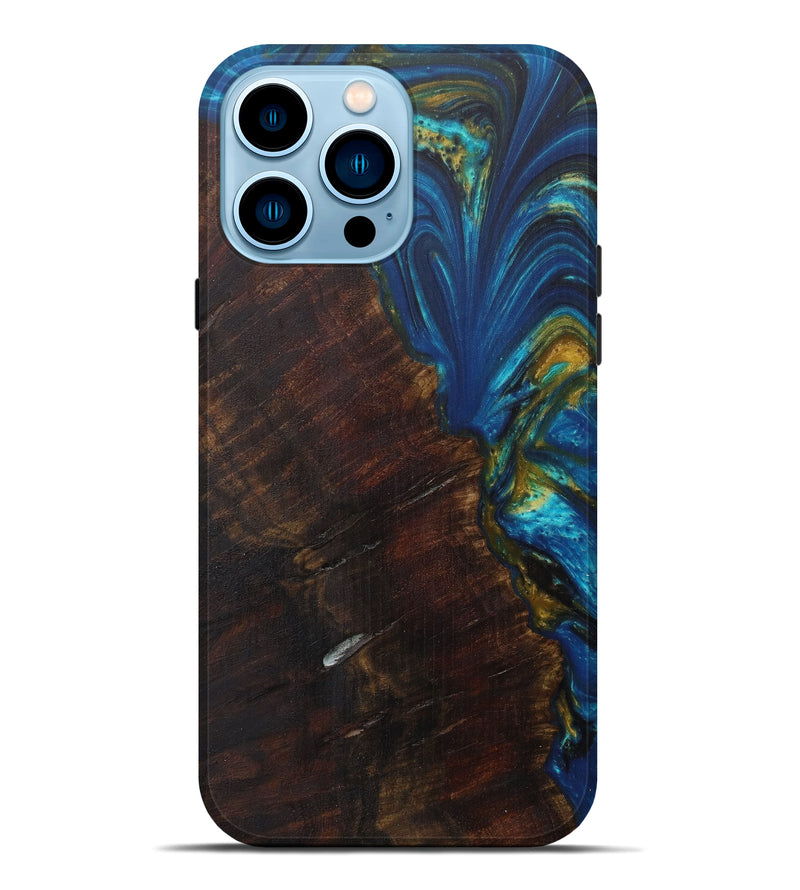 iPhone 14 Pro Max Wood+Resin Live Edge Phone Case - Raf (Teal & Gold, 590674)