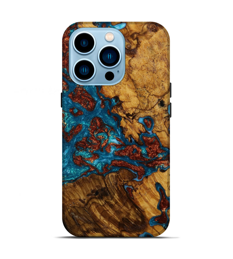 iPhone 14 Pro Wood+Resin Live Edge Phone Case - Kelsie (Teal & Gold, 646520)