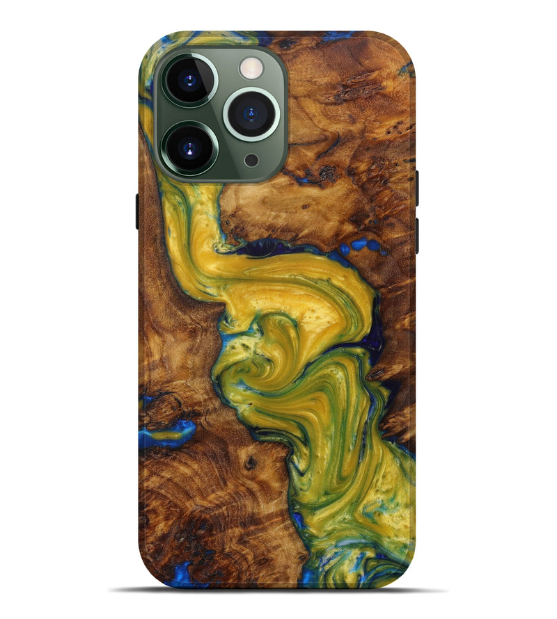 iPhone 13 Pro Max Wood+Resin Live Edge Phone Case - Kari (Teal & Gold, 610382)