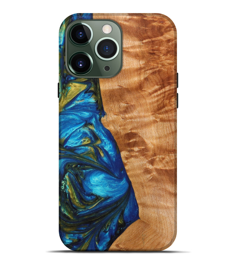 iPhone 13 Pro Max Wood+Resin Live Edge Phone Case - Woodrow (Teal & Gold, 640567)