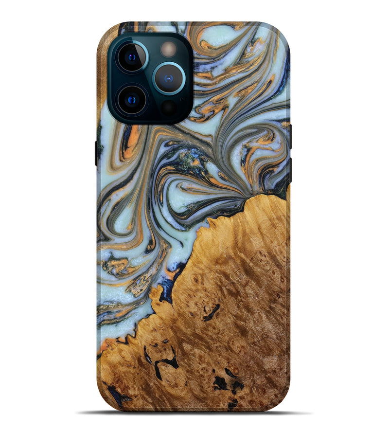 iPhone 12 Pro Max Wood+Resin Live Edge Phone Case - Katherine (Teal & Gold, 645545)