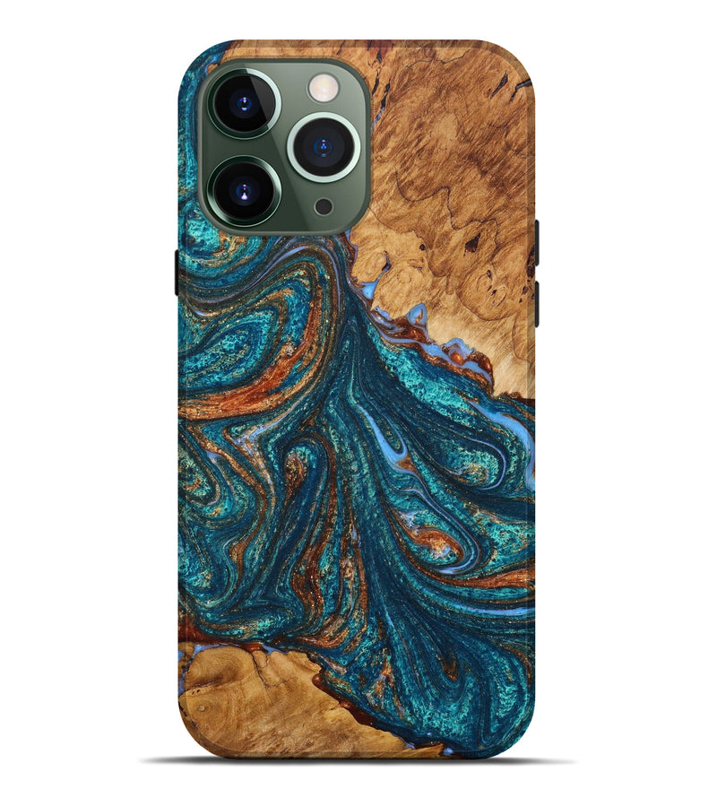 iPhone 13 Pro Max Wood+Resin Live Edge Phone Case - Sergio (Teal & Gold, 645795)