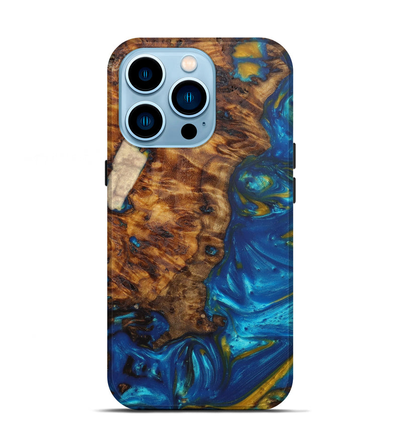 iPhone 14 Pro Wood+Resin Live Edge Phone Case - Ilse (Teal & Gold, 596308)