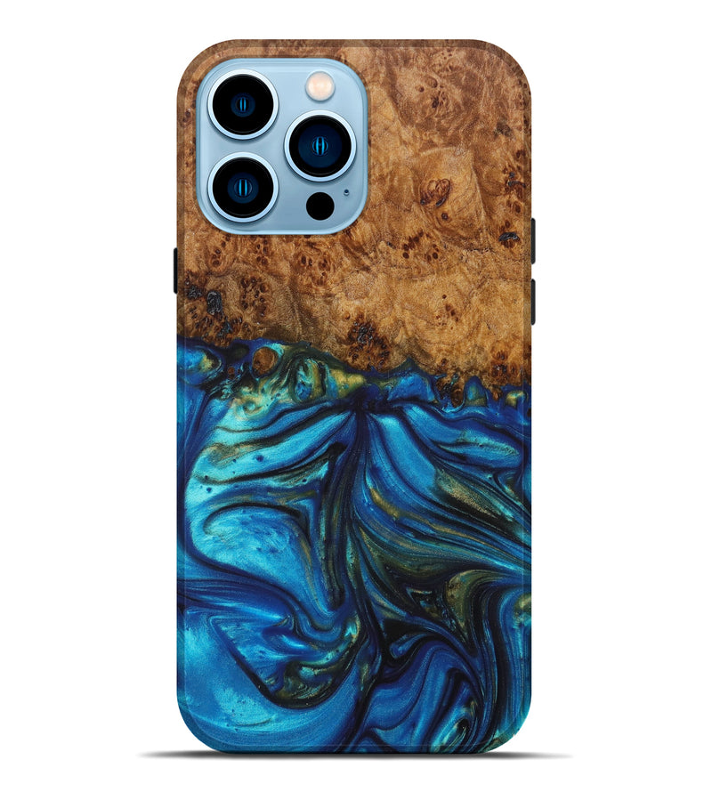 iPhone 14 Pro Max Wood+Resin Live Edge Phone Case - Antoinette (Teal & Gold, 628375)