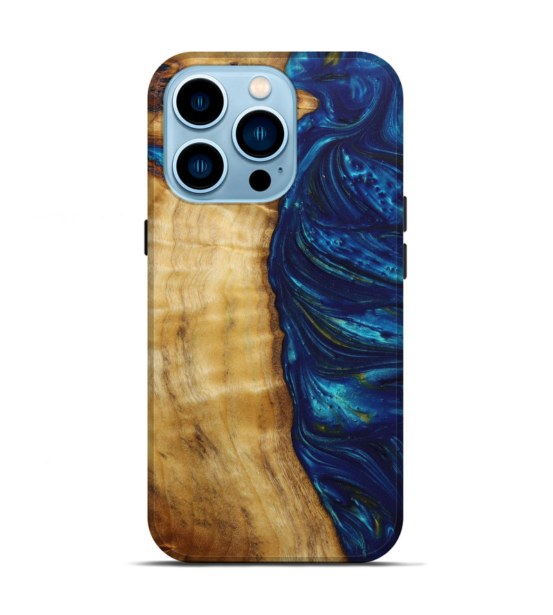 iPhone 14 Pro Wood+Resin Live Edge Phone Case - Kyra (Teal & Gold, 641958)