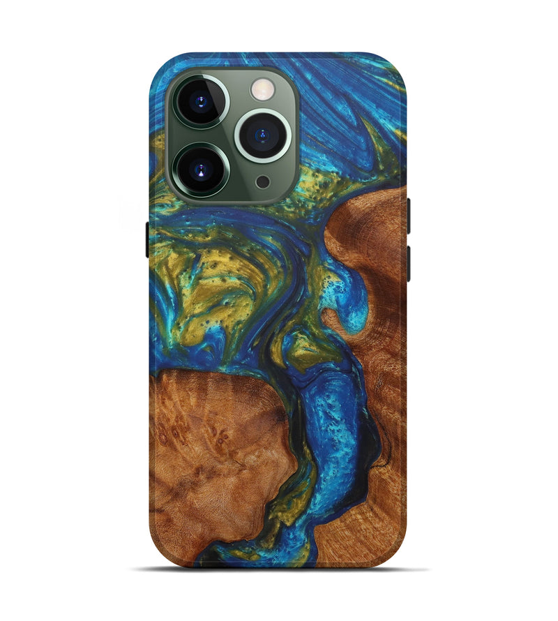 iPhone 13 Pro Wood+Resin Live Edge Phone Case - Davian (Teal & Gold, 610346)