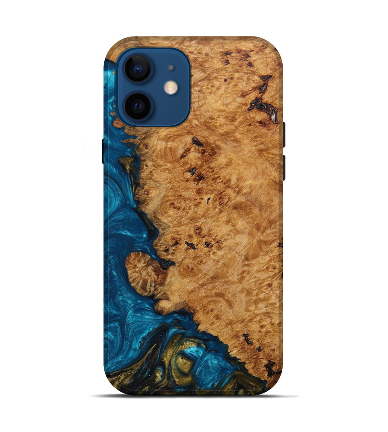 iPhone 12 Wood+Resin Live Edge Phone Case - Zander (Teal & Gold, 638546)