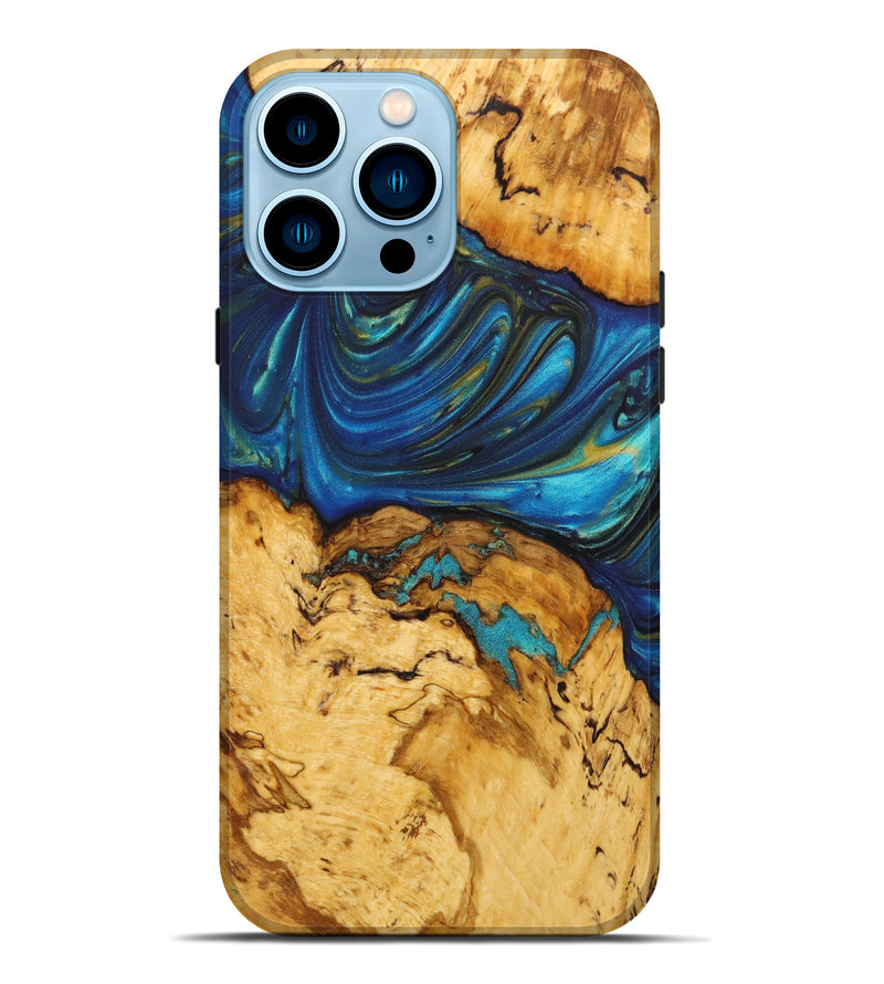 iPhone 14 Pro Max Wood+Resin Live Edge Phone Case - Elle (Teal & Gold, 635538)