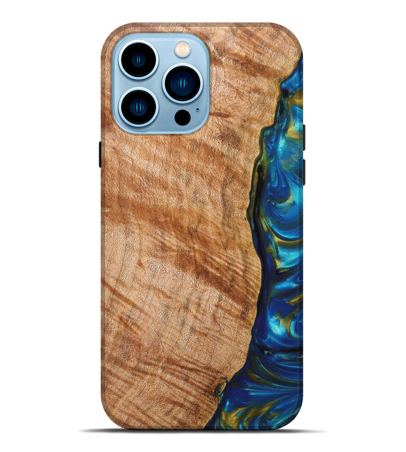 iPhone 14 Pro Max Wood+Resin Live Edge Phone Case - Ebba (Teal & Gold, 633146)