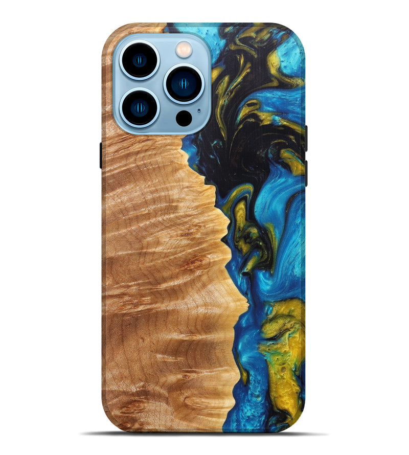 iPhone 14 Pro Max Wood+Resin Live Edge Phone Case - Dusty (Teal & Gold, 606810)