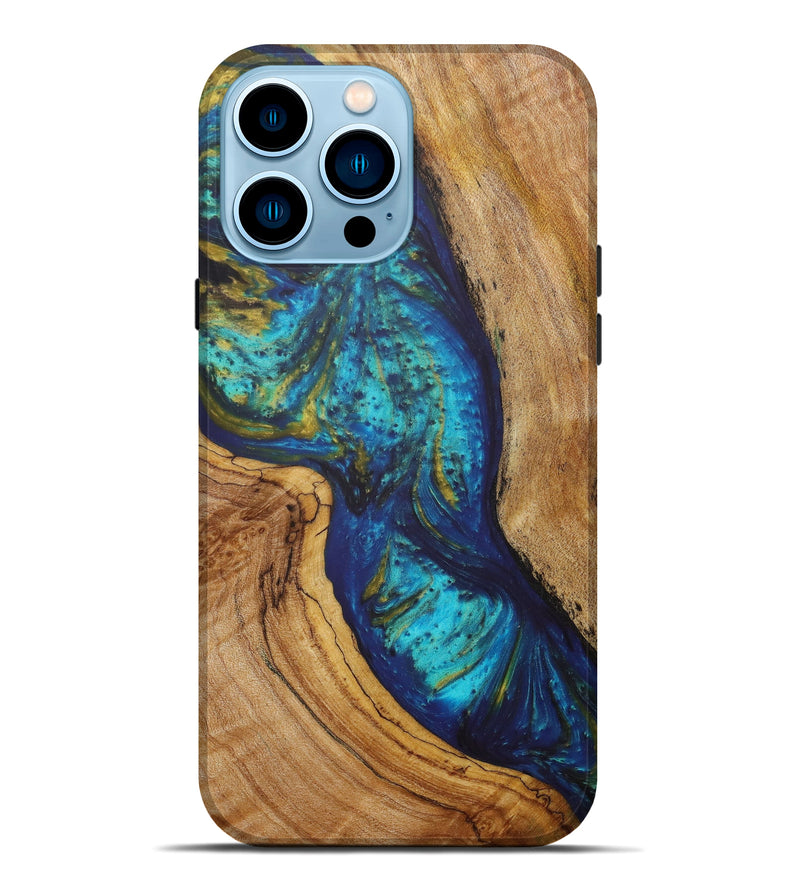 iPhone 14 Pro Max Wood+Resin Live Edge Phone Case - Bree (Teal & Gold, 610331)