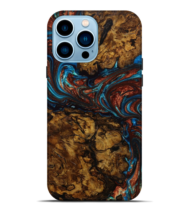 iPhone 14 Pro Max Wood+Resin Live Edge Phone Case - Loretta (Teal & Gold, 645063)
