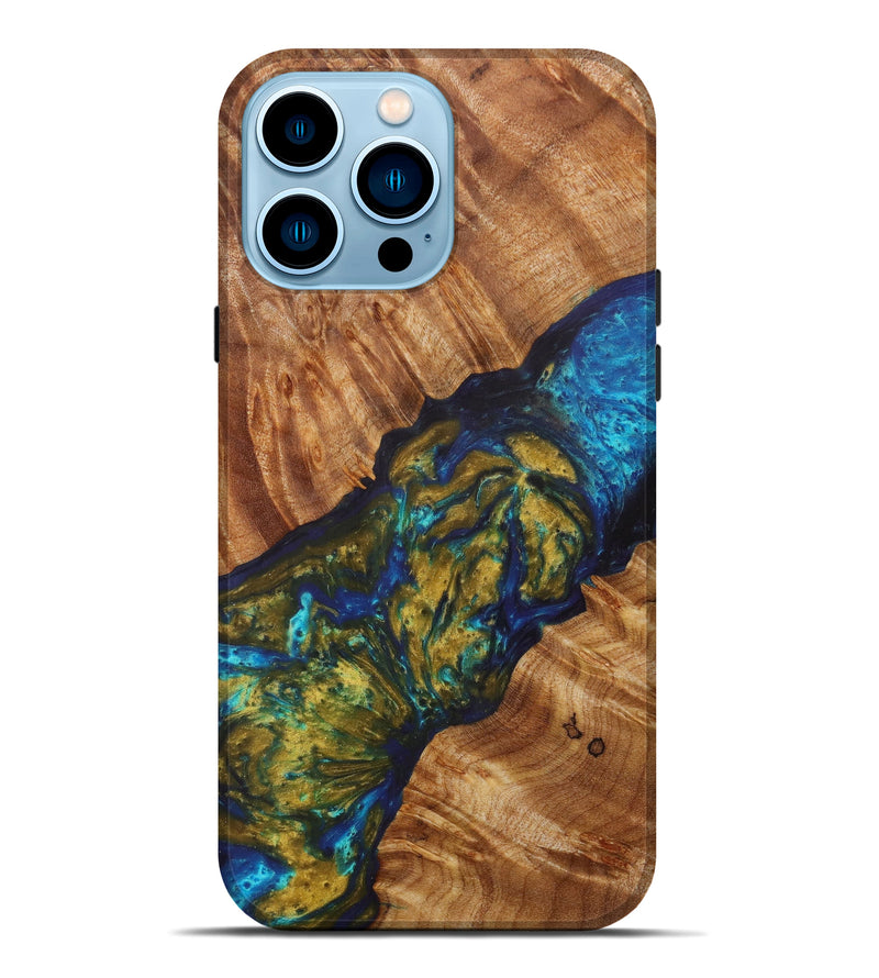 iPhone 14 Pro Max Wood+Resin Live Edge Phone Case - Kameron (Teal & Gold, 610372)