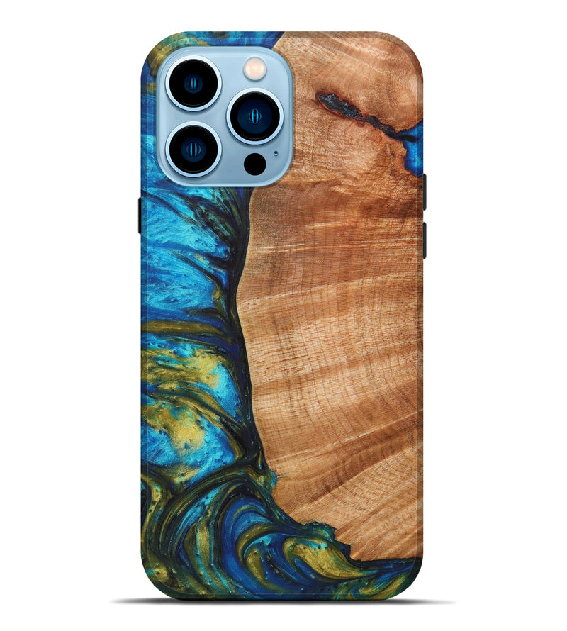 iPhone 14 Pro Max Wood+Resin Live Edge Phone Case - Casandra (Teal & Gold, 629015)